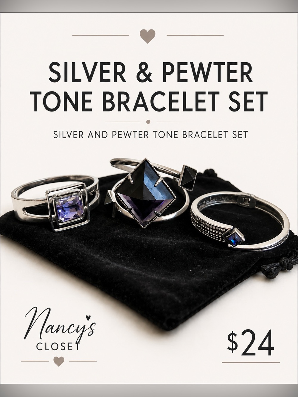 Silver & Pewter Tone Bracelet Set with Blue-Purple Stones